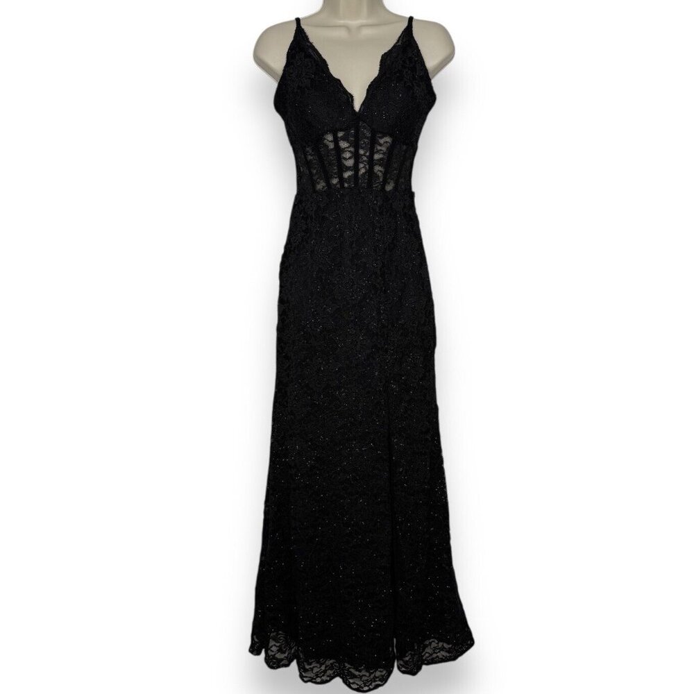 Morgan & Co Junior Lace Corset Black Prom Gown Dress Sz 3 Whimsigoth V Neck Slit - Picture 3 of 13